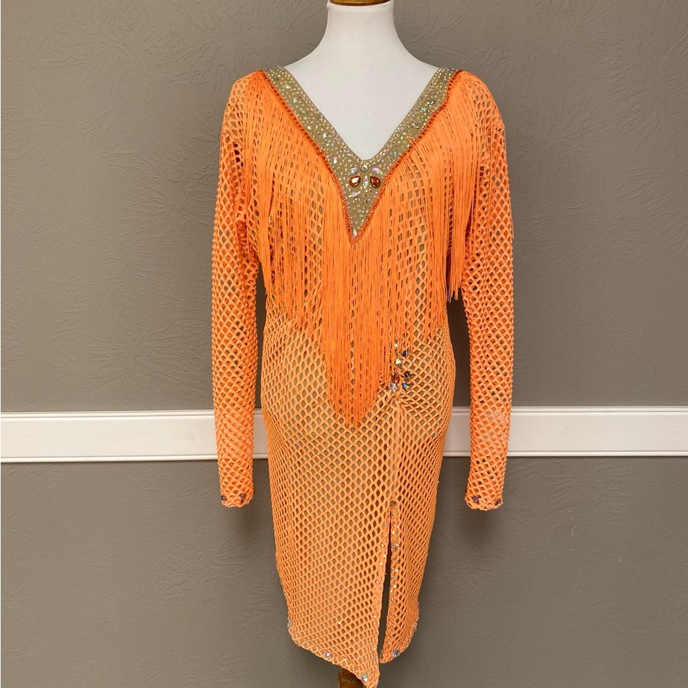 Ballroom dance rhythm dress. Orange Fringe Mesh Dress, competition or showcase